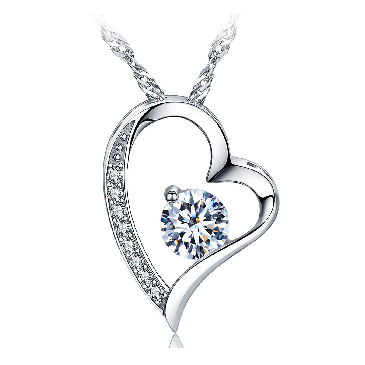 Women Necklace 14k White Gold Plated CZ Forever Lover Heart Pendant Necklace