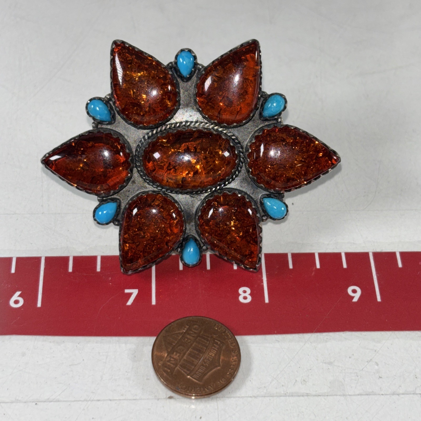 Artisan Statement Ring 925 Sterling Silver Turquoise And Amber Adjustable Size