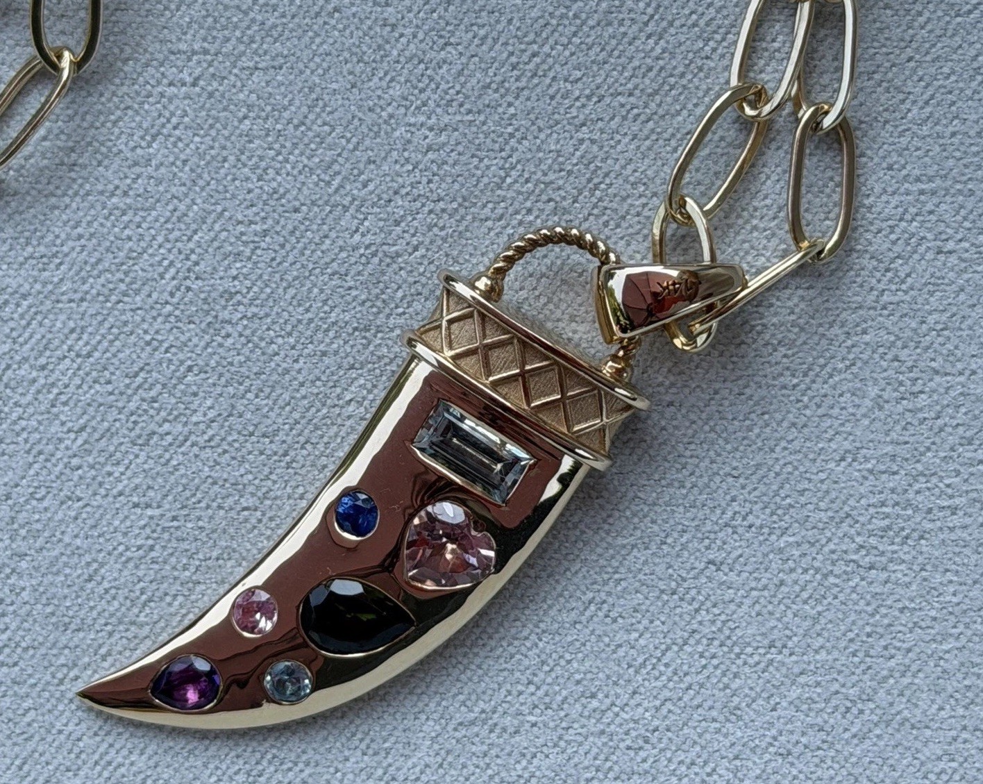 Jane Win 14 KT Solid Gold Detailed Tusk With Multi Gemstones