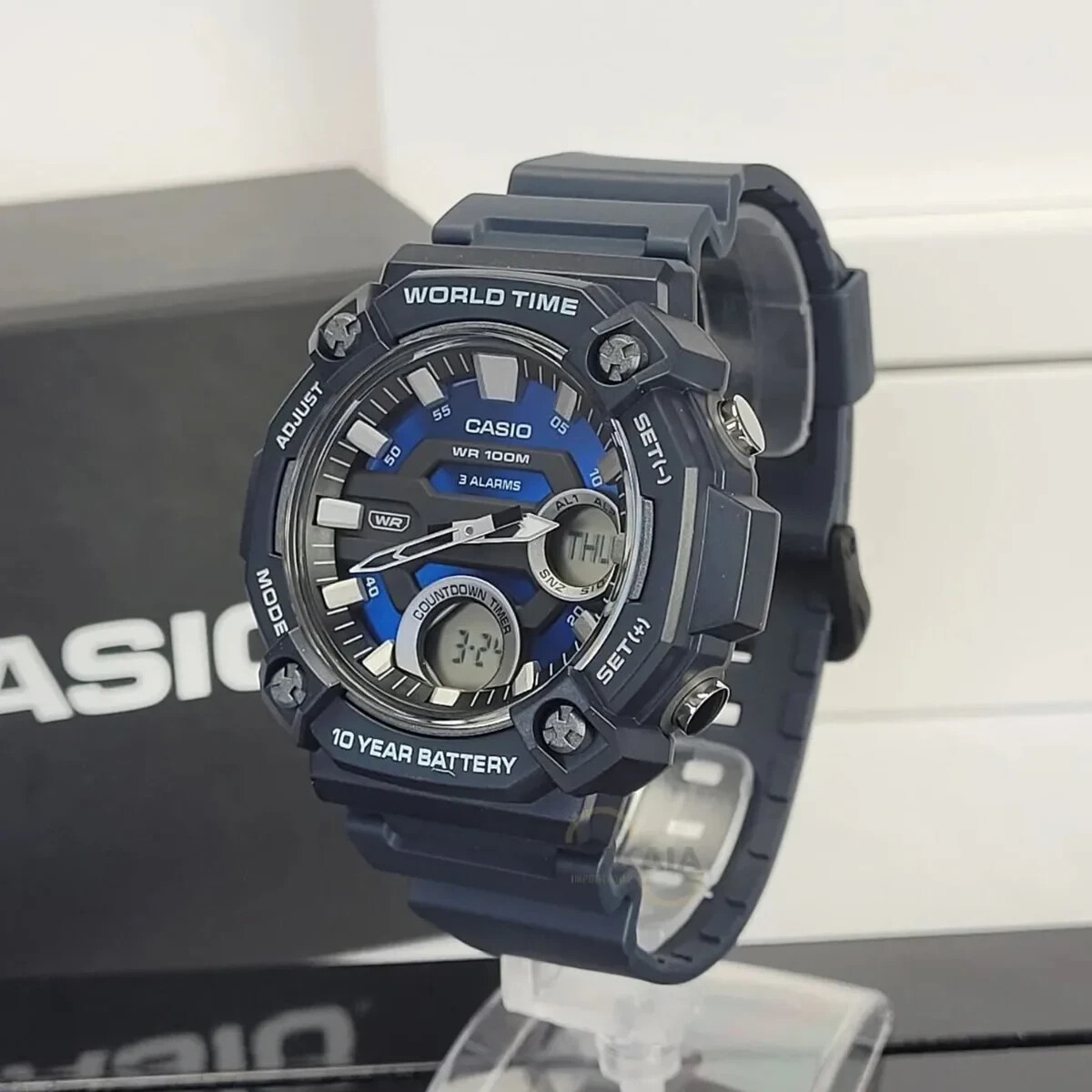 Casio AEQ120W-2AV, Digital/Analog, 3 Alarms, 10 Year Battery, Resin, World Time