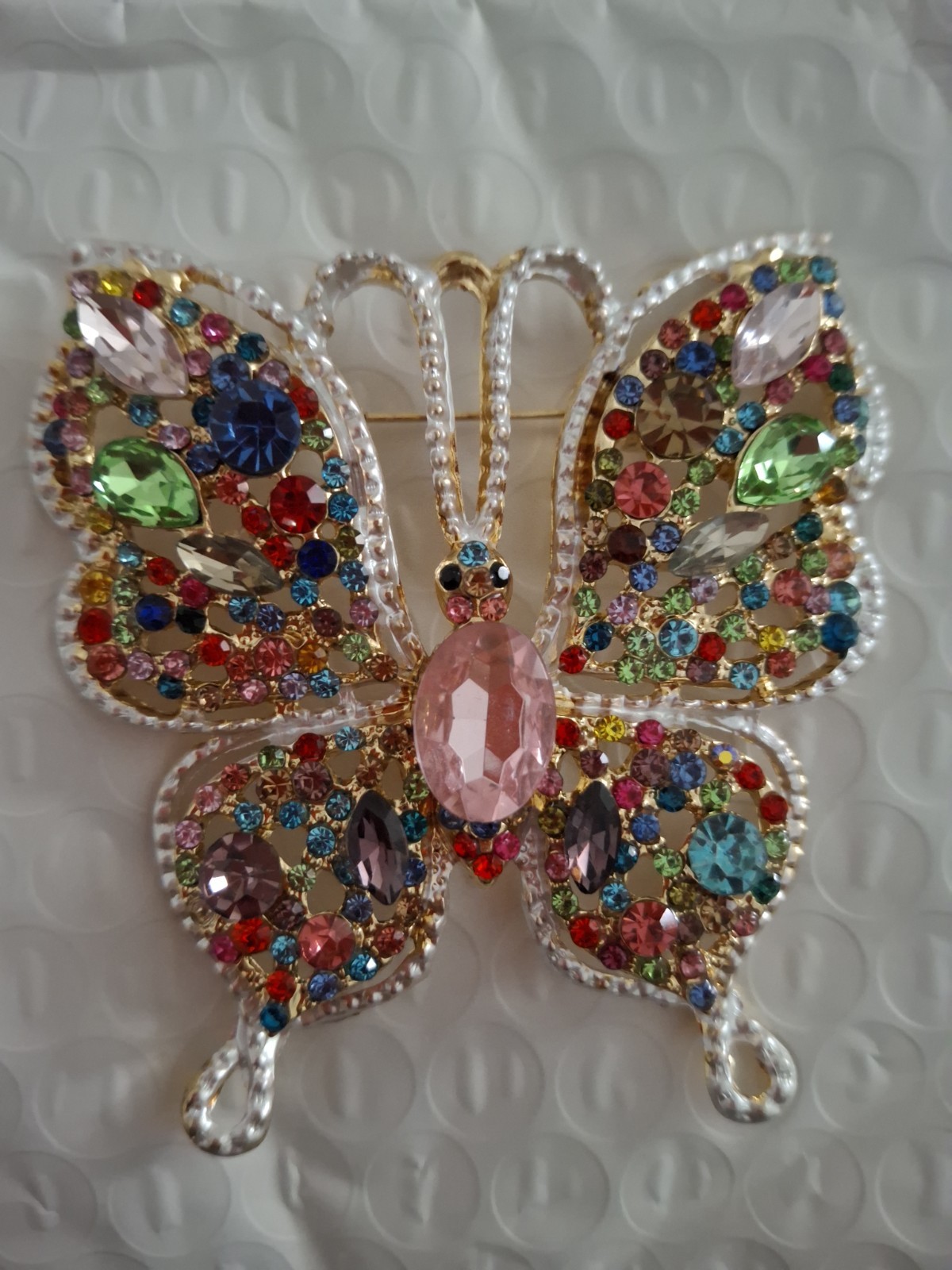 Gold Tone Butterfly Brooch Pin Multicolor Rhinestone Cluster Pink Oval Crystal
