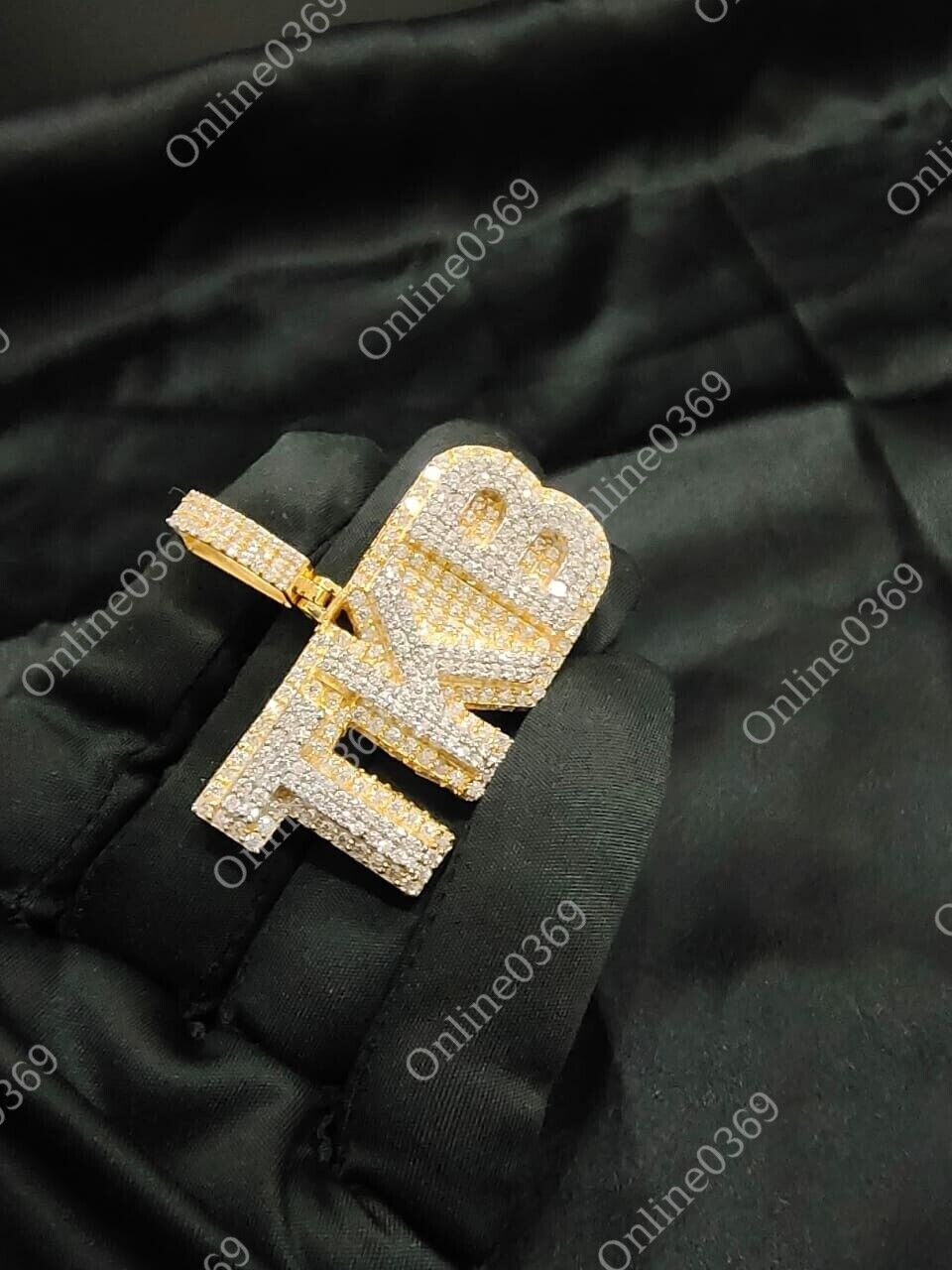 1 ct RD Cubic Zirconia mens custom name letter Pendant Yellow Gold Plated Silver