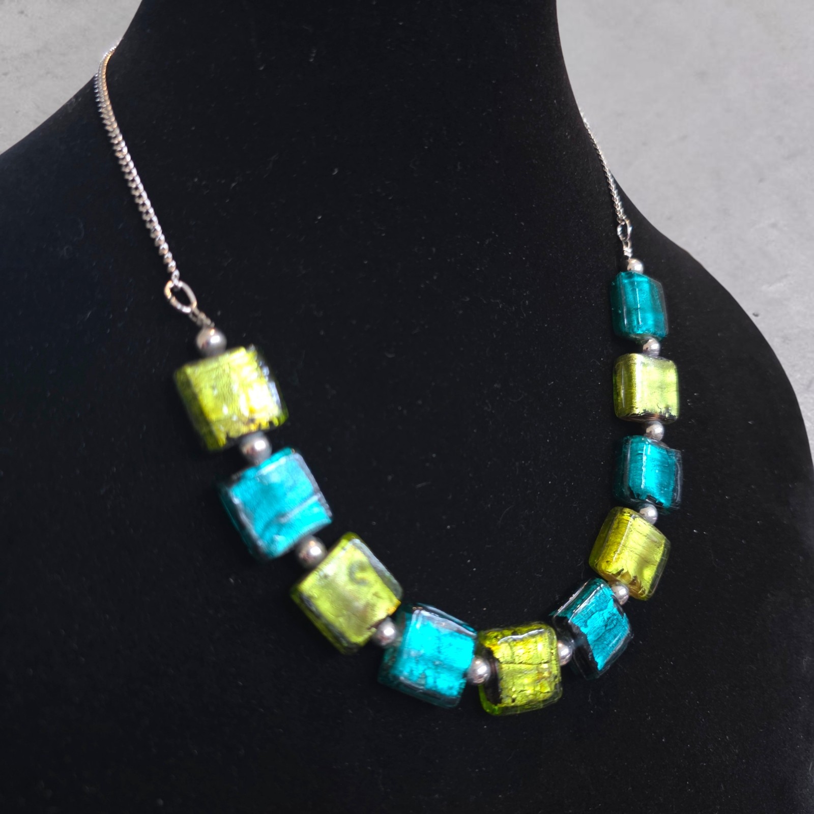 Vintage Foil Glass Necklace | 40–48cm Turquoise & Lime Squares Silver Tone Chain