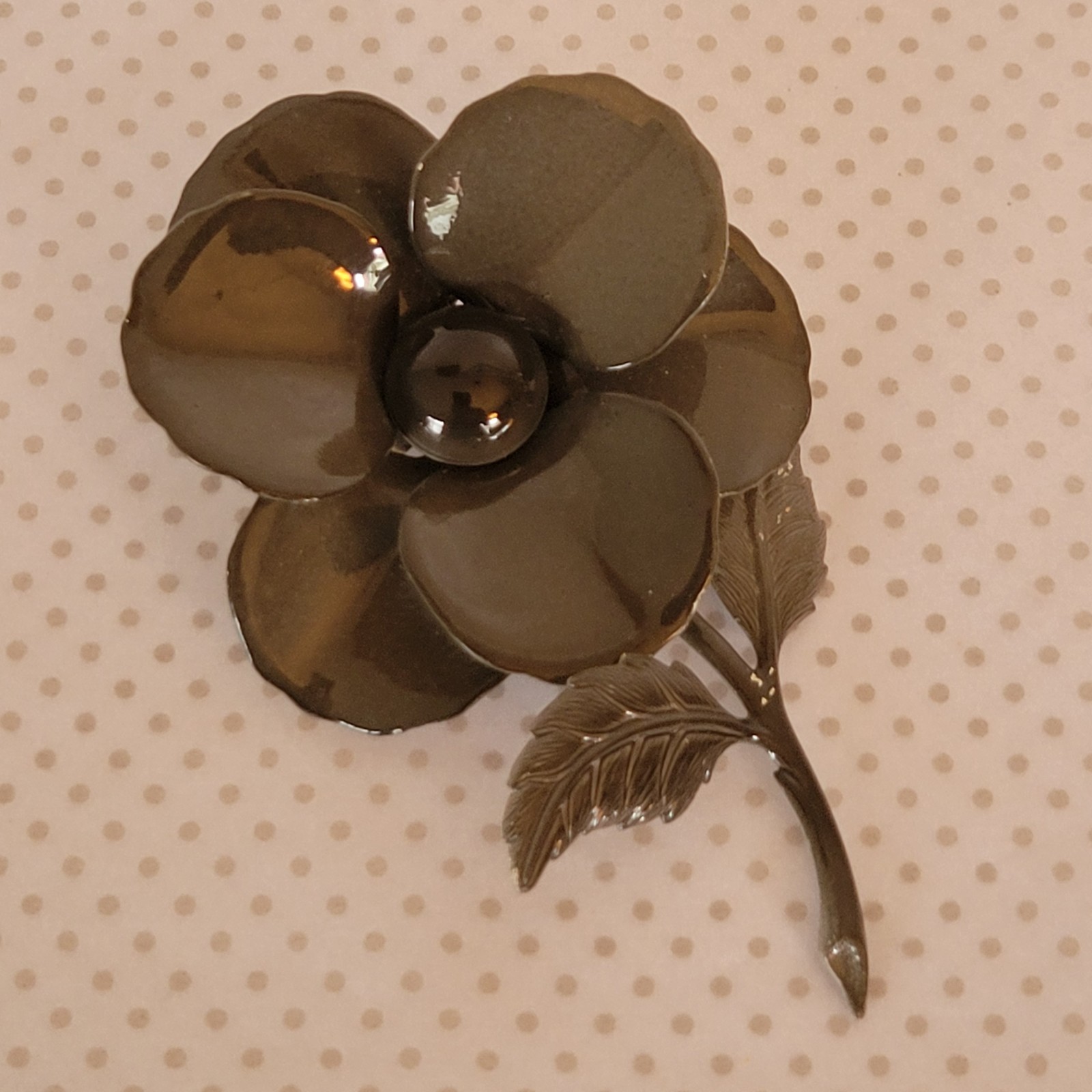 Vintage Enameled Flower Brooch Dark Gray 3.75 In. Formal Attire