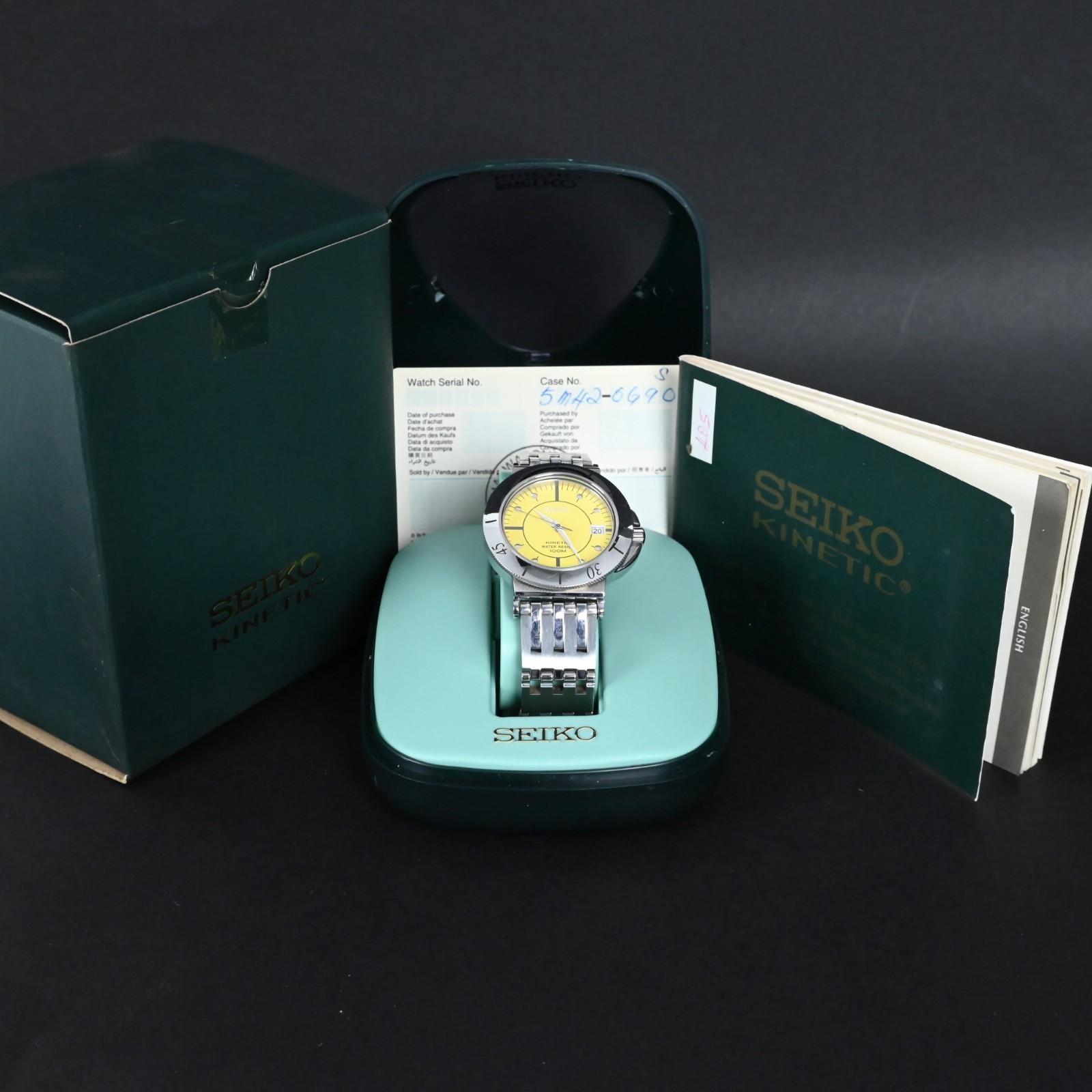SEIKO 5M42-0G90 VINTAGE KINETIC YELLOW DIAL 39 MM (NOS & ORIGINAL & FULL SET)
