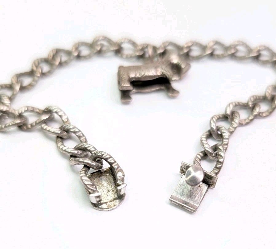 Automade Sterling Silver Charm Bracelet Push Lock Clasp 7-3/4 Inch Scottie Dog