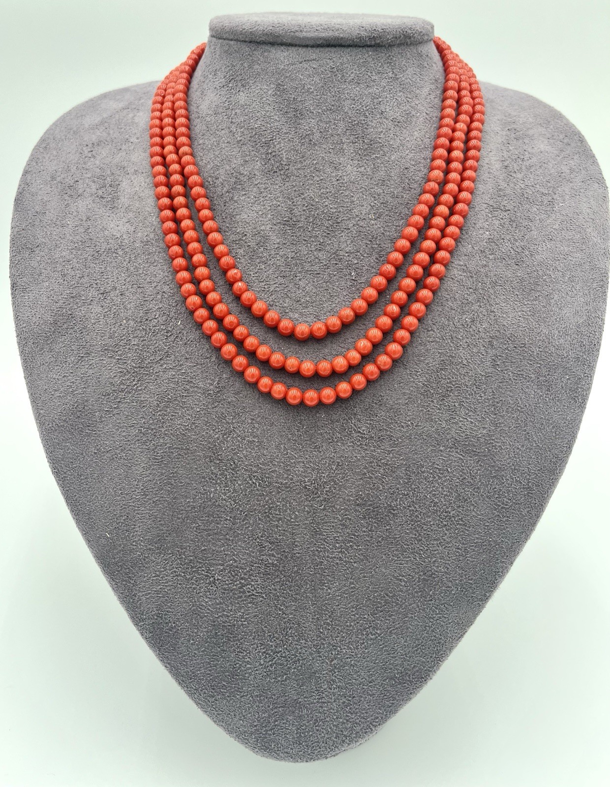 Natural Mediterranean Red Coral 3 Strand Necklace 5mm 18kt Gold 62g Made Italy