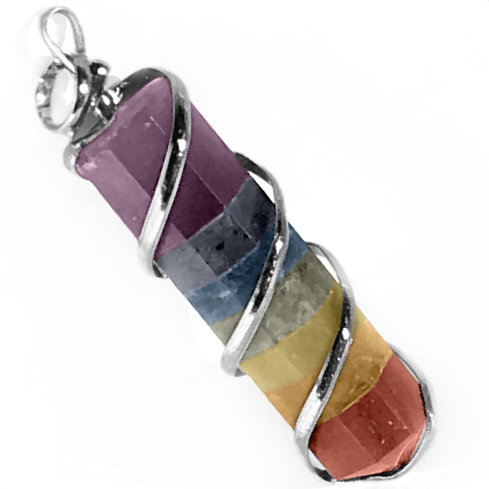 Rainbow Chakra Crystal Wire Wrap Silver Spiral Pendant Handmade Necklace CHARGED