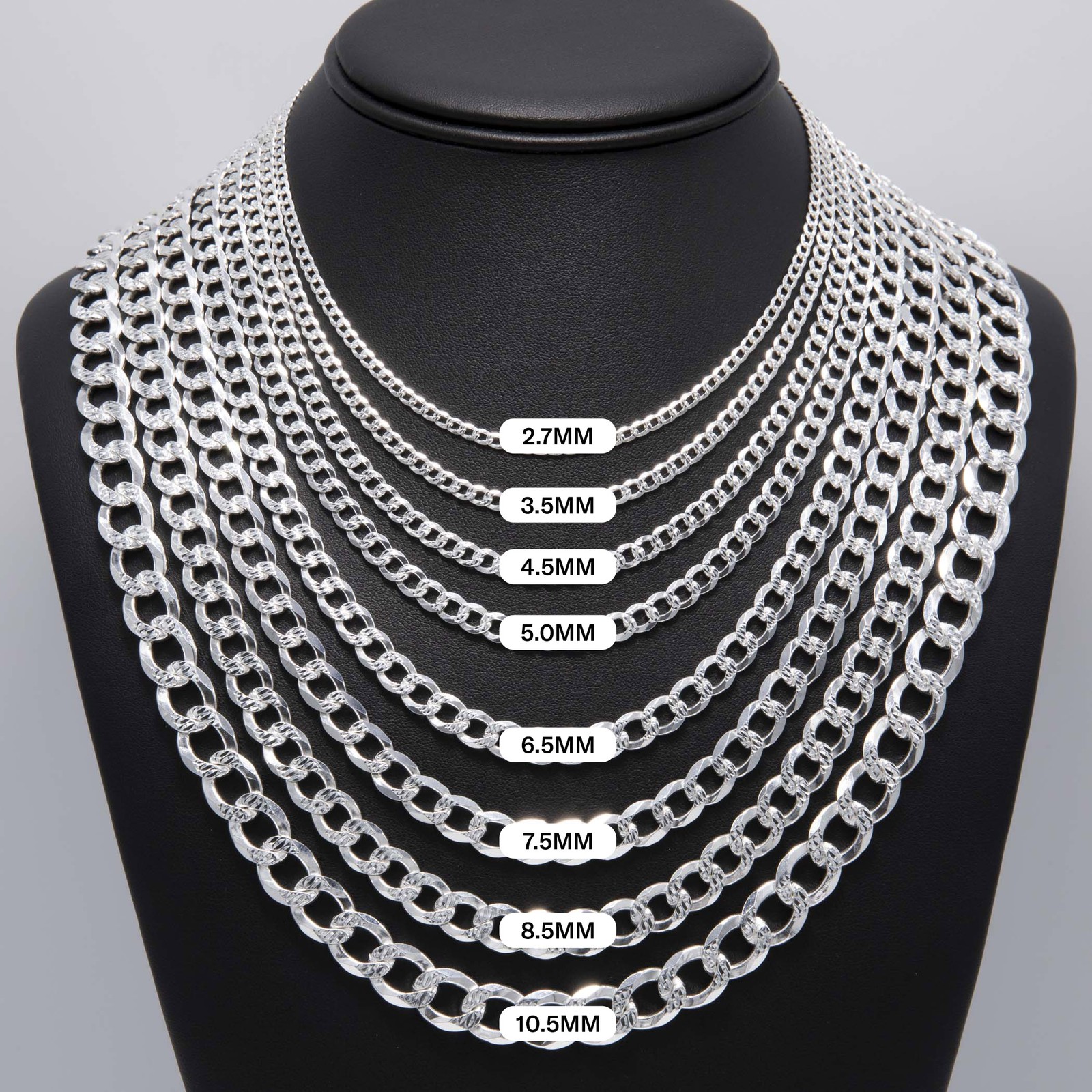 Diamond-Cut Reversible Curb Chain Solid Sterling Silver 925 Italy All Sizes