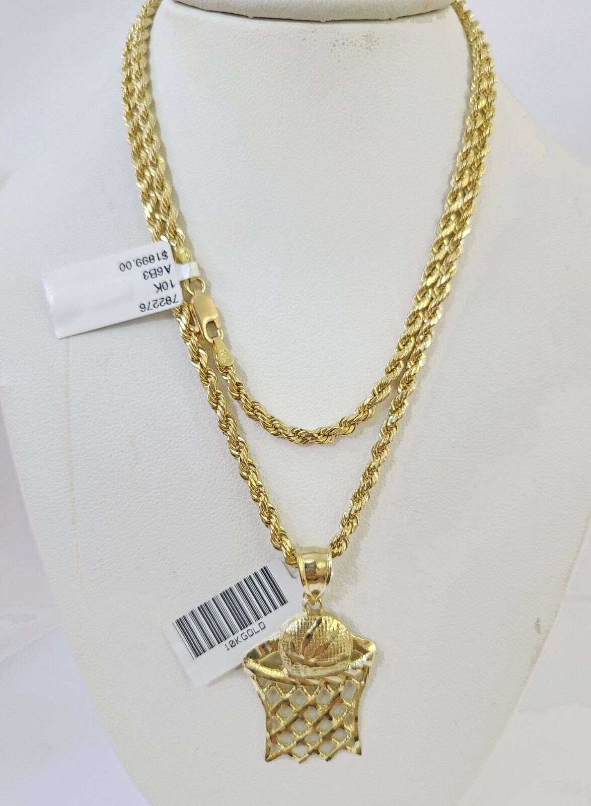 10k Gold Basketball Goal Pendant Rope Chain 3mm 18” Necklace Set Yellow Genuine