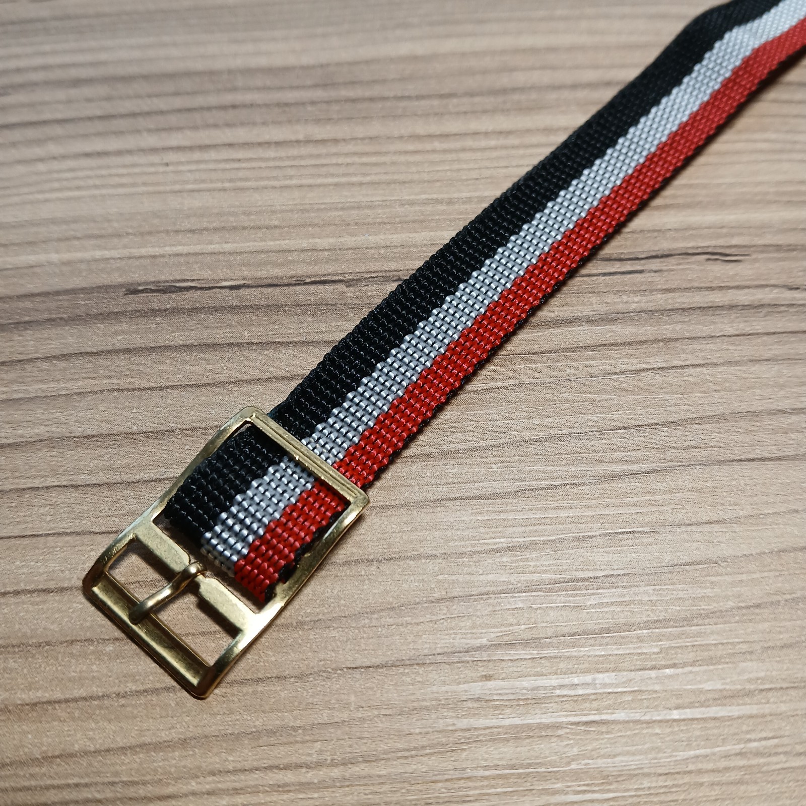 Vintage Red White Black Striped Nylon One Piece 14mm Watch Strap Gold Buckle