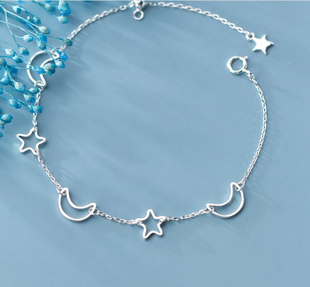 Fashion Women 925 Sterling Silver Hollow Moon Star Chain Hand Bracelet 6-7.5″