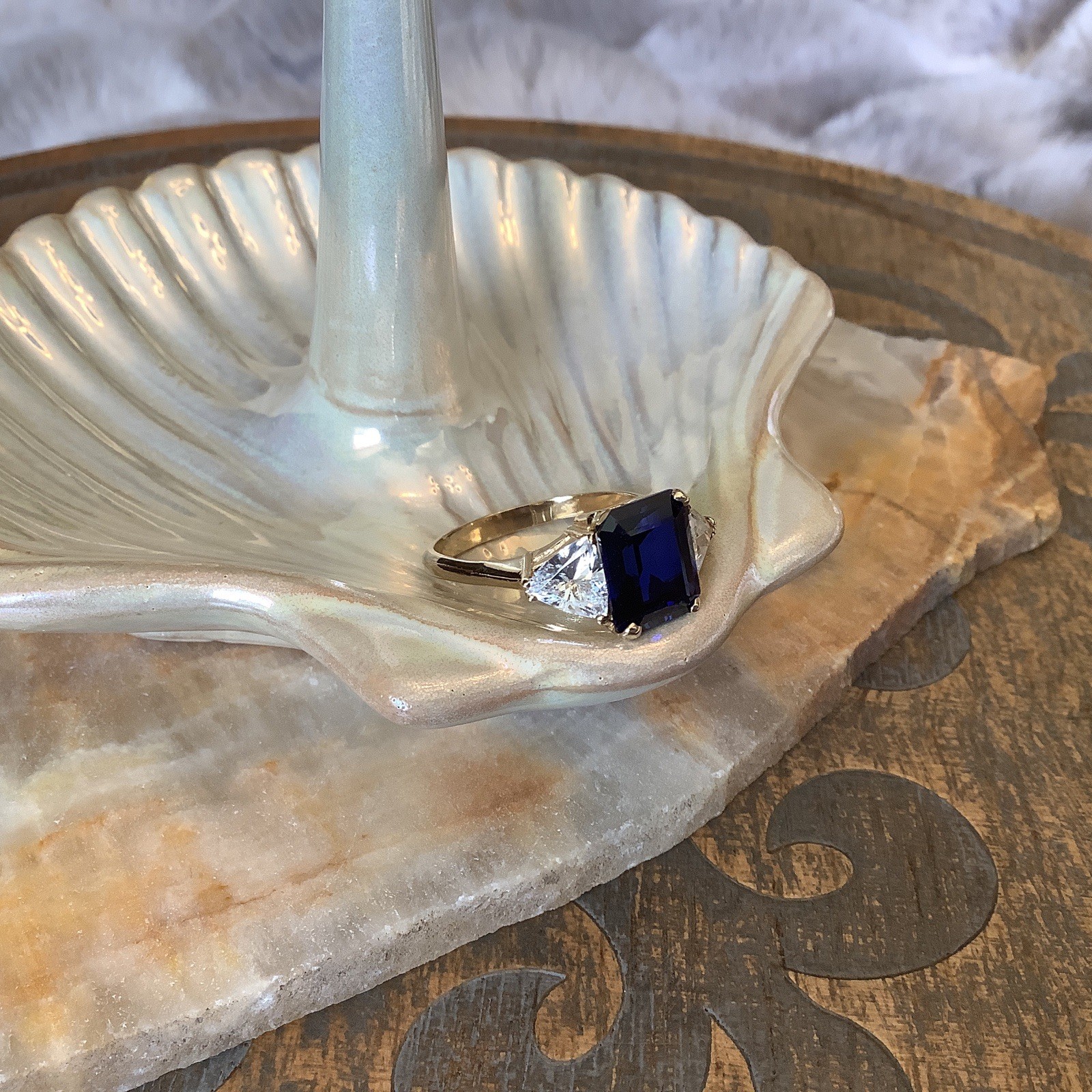 14K Yellow Gold Emerald Cut Blue Sapphire Ring Size 9 1/2