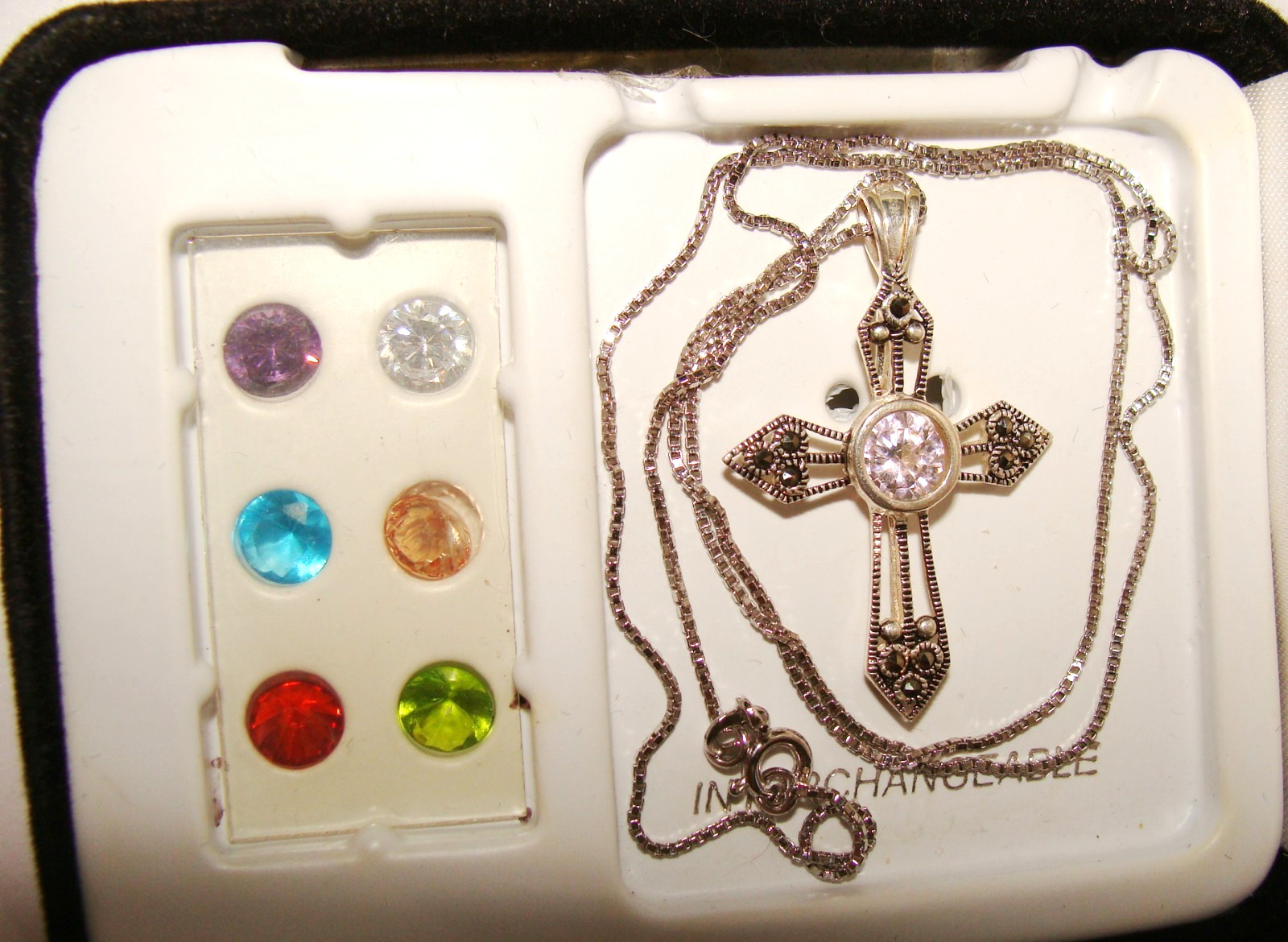Silver Plated Mark 925 Cross Marcasite Interchangeable 7 Colors CZ 18″ Necklace