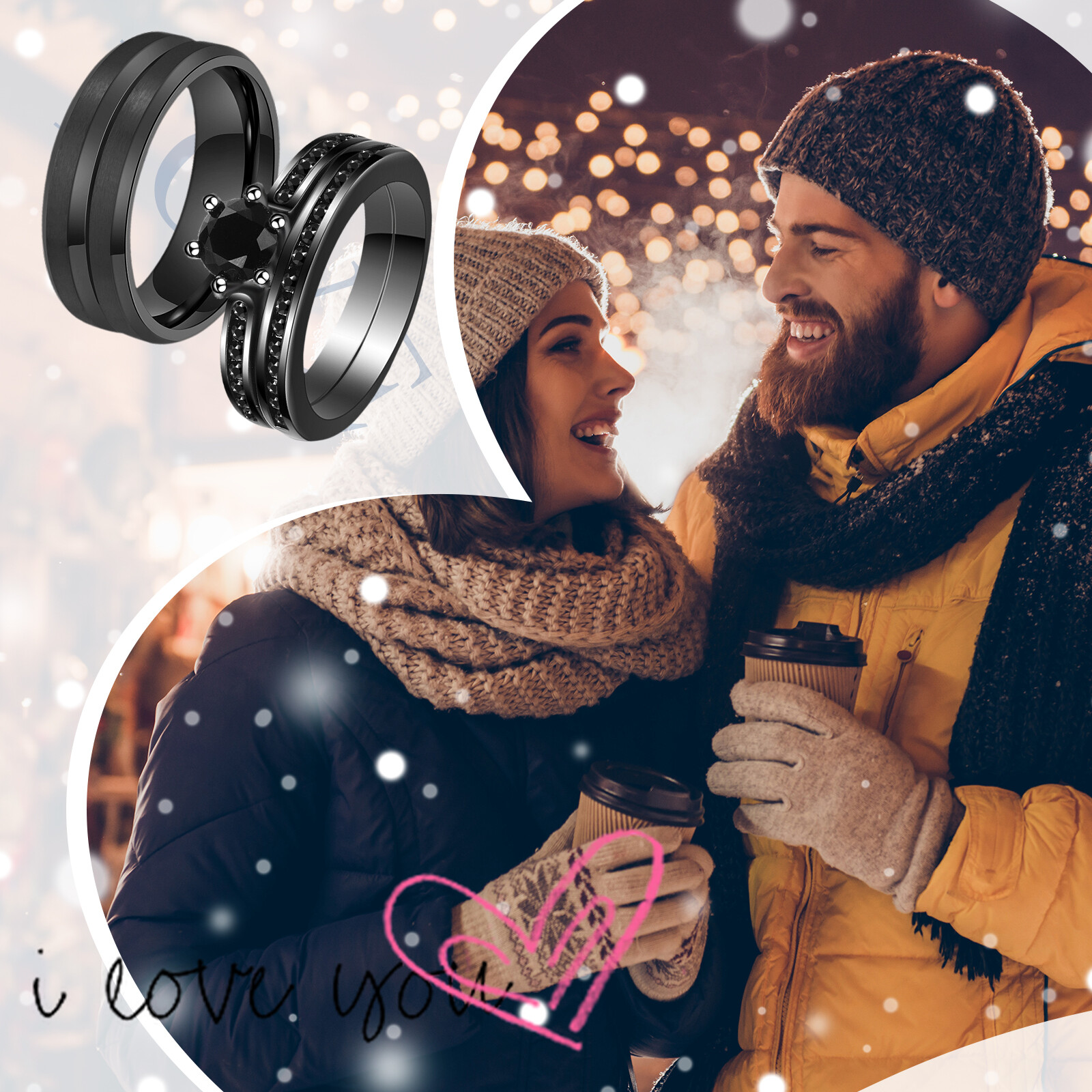 Couples His&Hers Stainless Steel Ring Set Cubic Zirconia Stacking Wedding Band