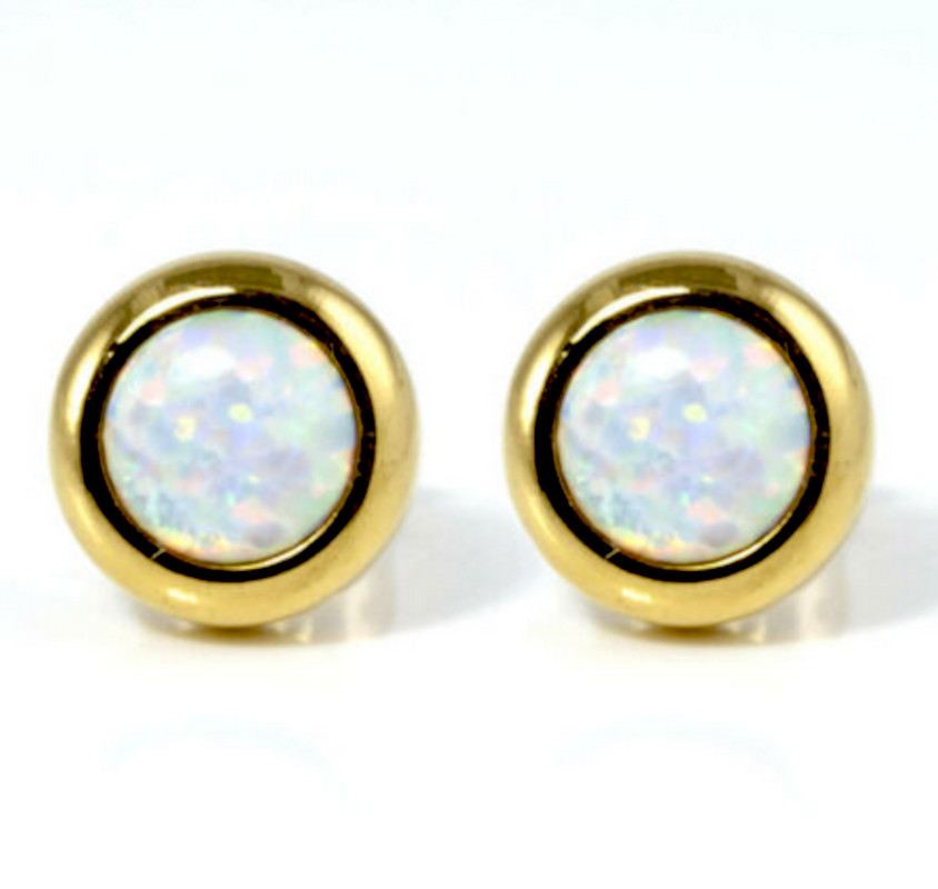 10mm Created Opal Earrings White Bezel-Set Gold Plated Stainless Steel Posts