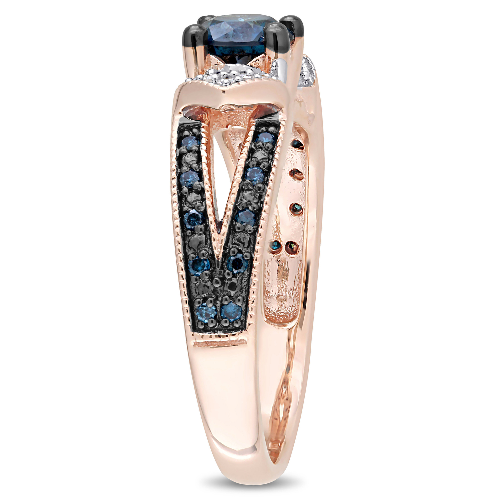 Amour 10K Rose Gold Blue and White Diamond Split Shank Engagement Ring