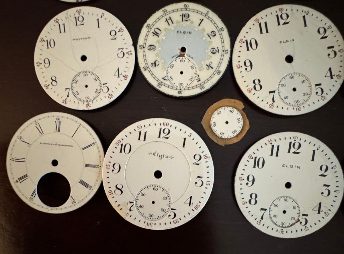 20 PACK VINTAGE VARIES AMERICAN POCKET WATCH DIALS MOSTLY 16 -18 SIZES