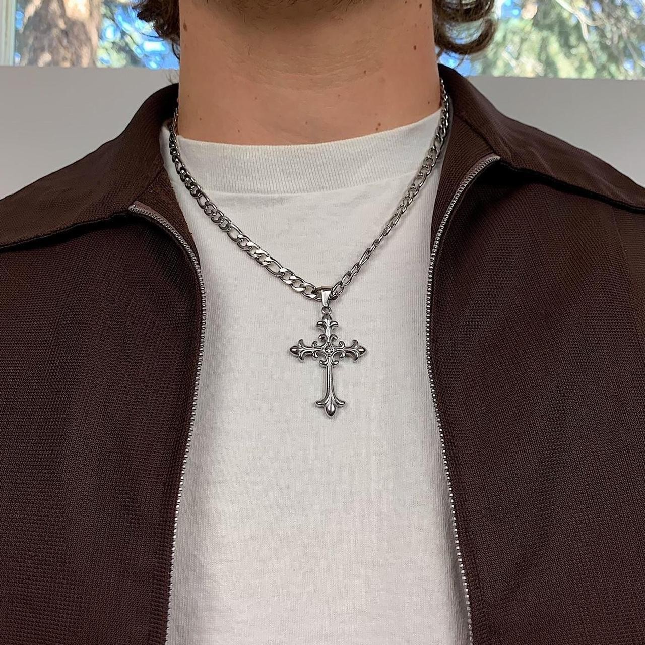 Y2k style Silver Figaro Big Gothic Rhinestone Cross Pendant Necklace. Stainless