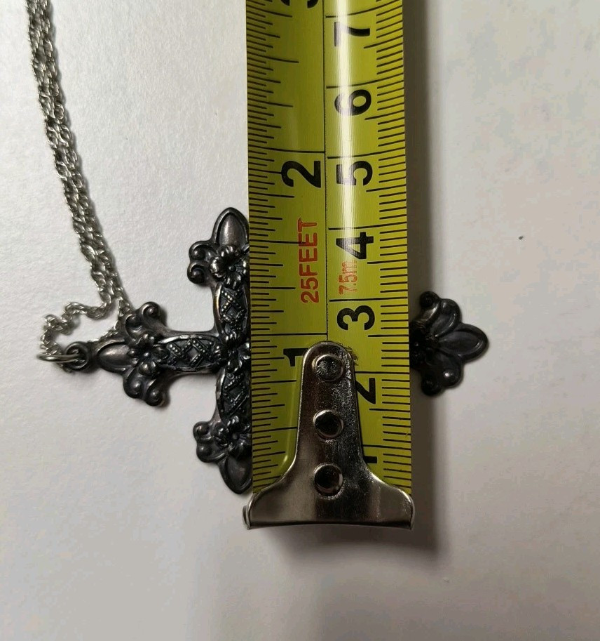 Silver Tone 2.5″ Long Cross Pendant On Chain Marked Made In Korea