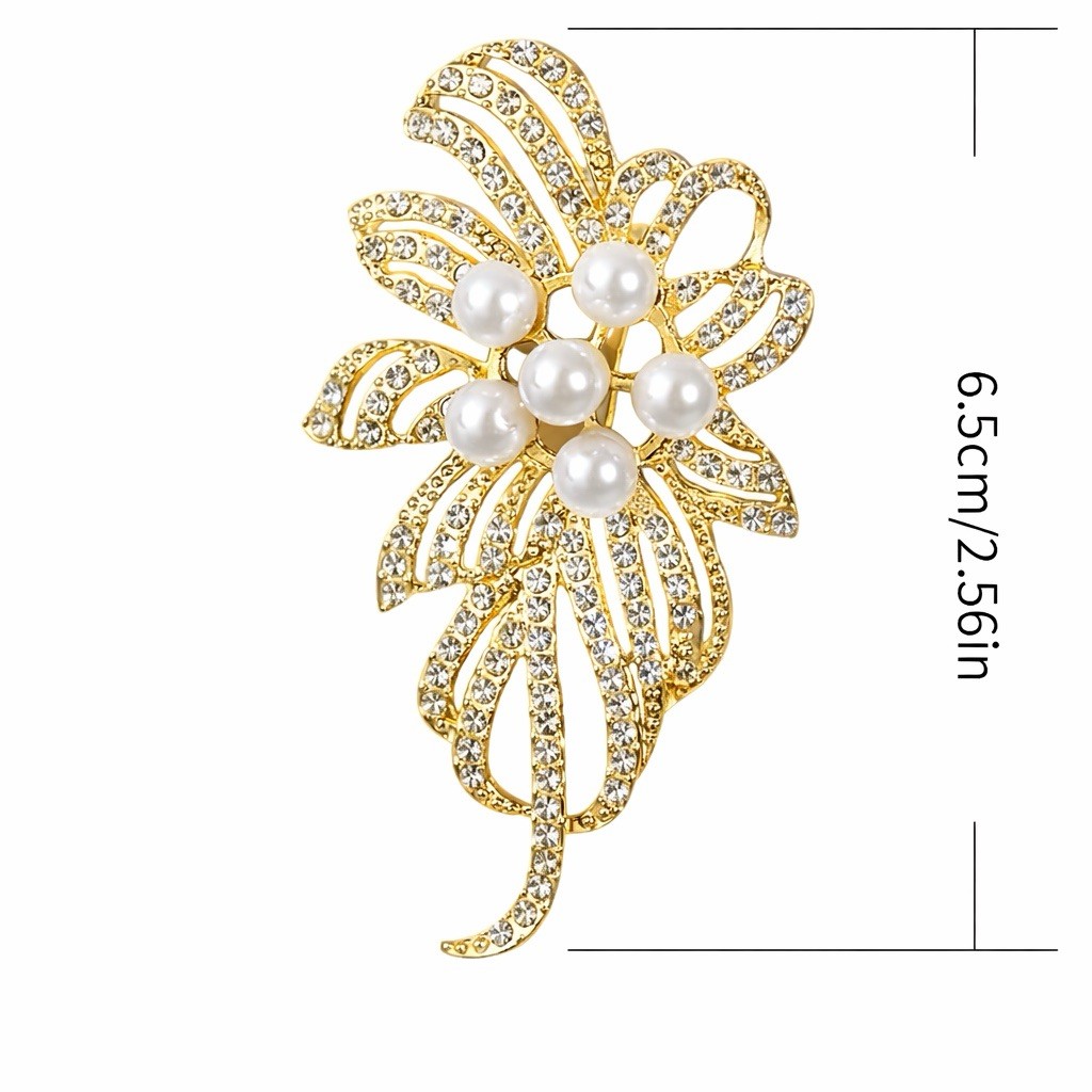 Gold Tone Rhinestone & Pearl Flower Brooch Pin 2.56in Elegant Statement Jewelry