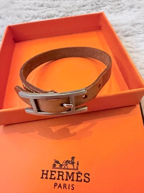 Hermès Hapi Double Tour Natural Leather H Logo Wrap Bracelet Brown Size 7.25