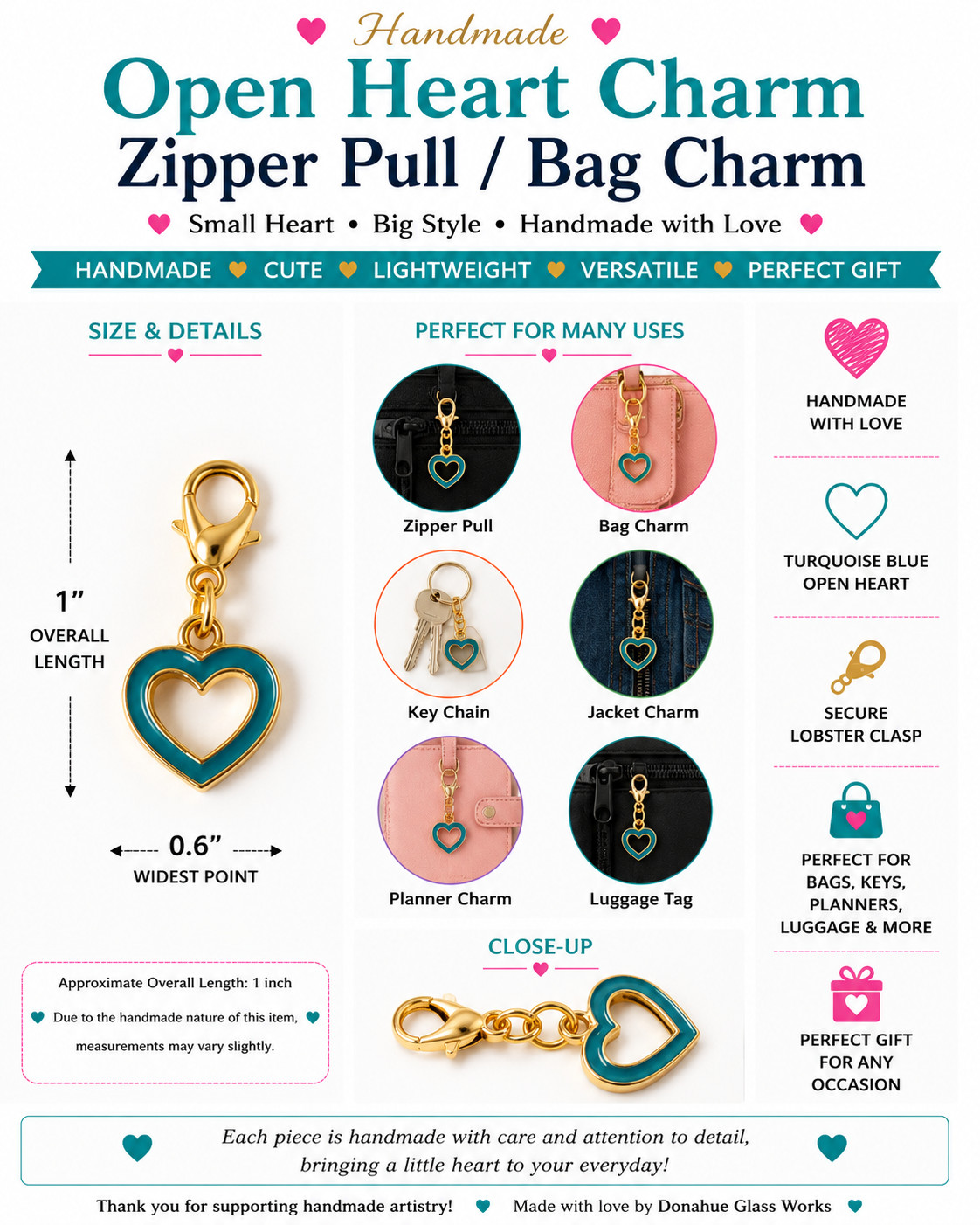 Blue Open Heart Bag Charm Zipper Pull Gold Lobster Clasp Handmade 1″ Gift