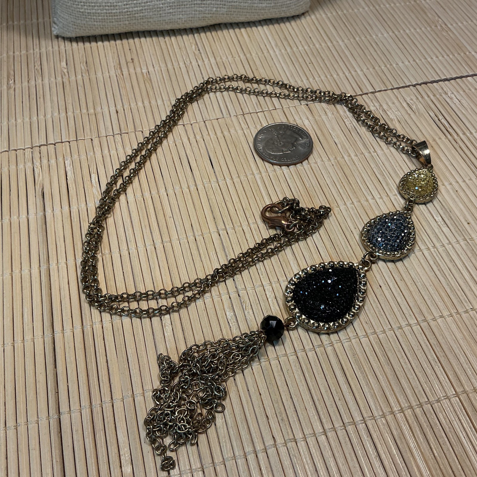 Fashion Necklace Faux Druzy Yellow Black Gray Fringed Pendant Lot 104A