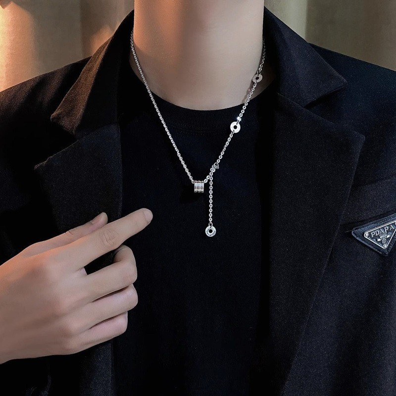 Bead Necklace Stainless Steel Silver Double Mixed Chain Unisex Basic Pendant