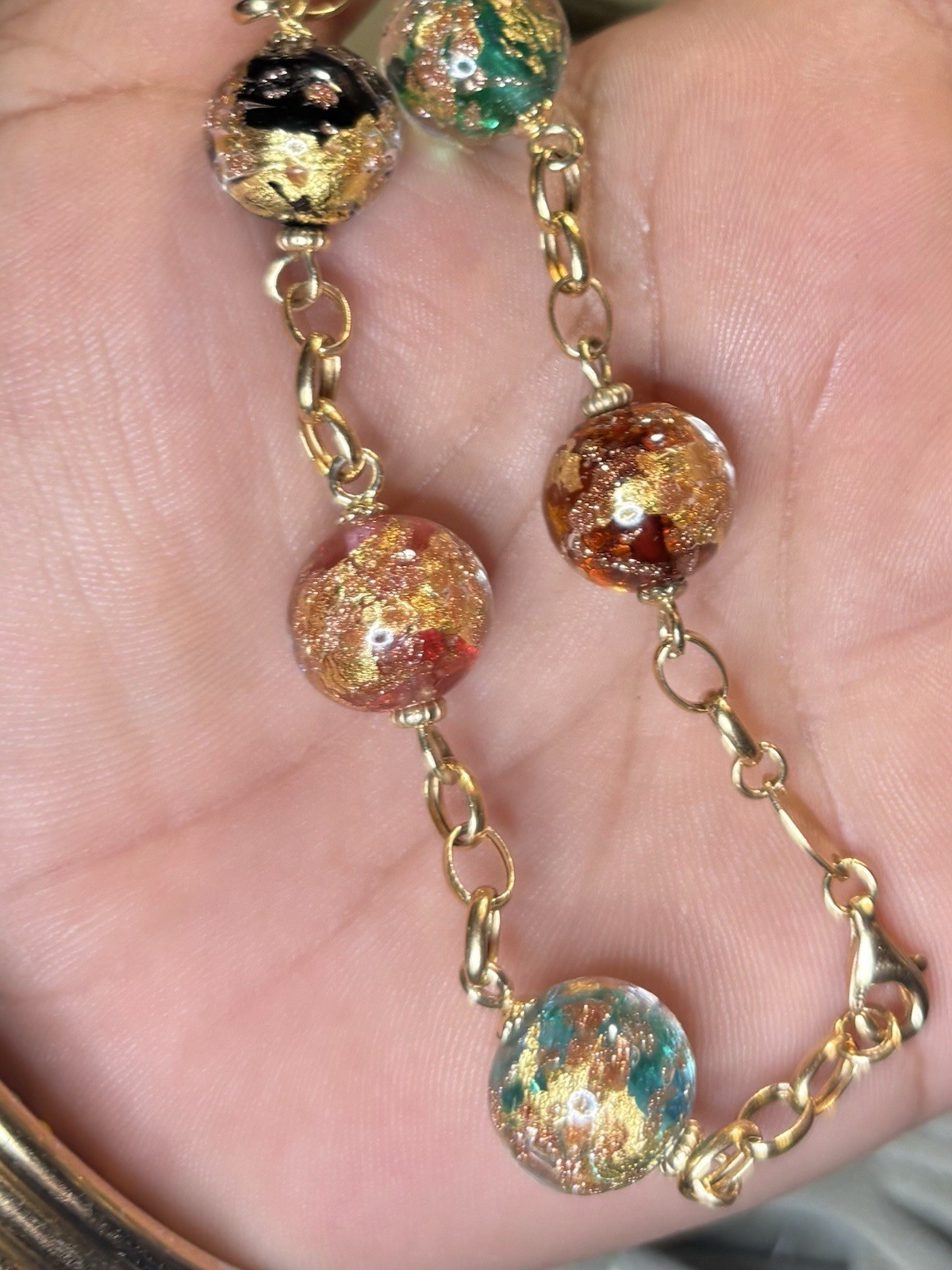 14k Yellow Gold Venetian Murano Glass Bead Link Bracelet 14.93G Sz6.5 Lot #43