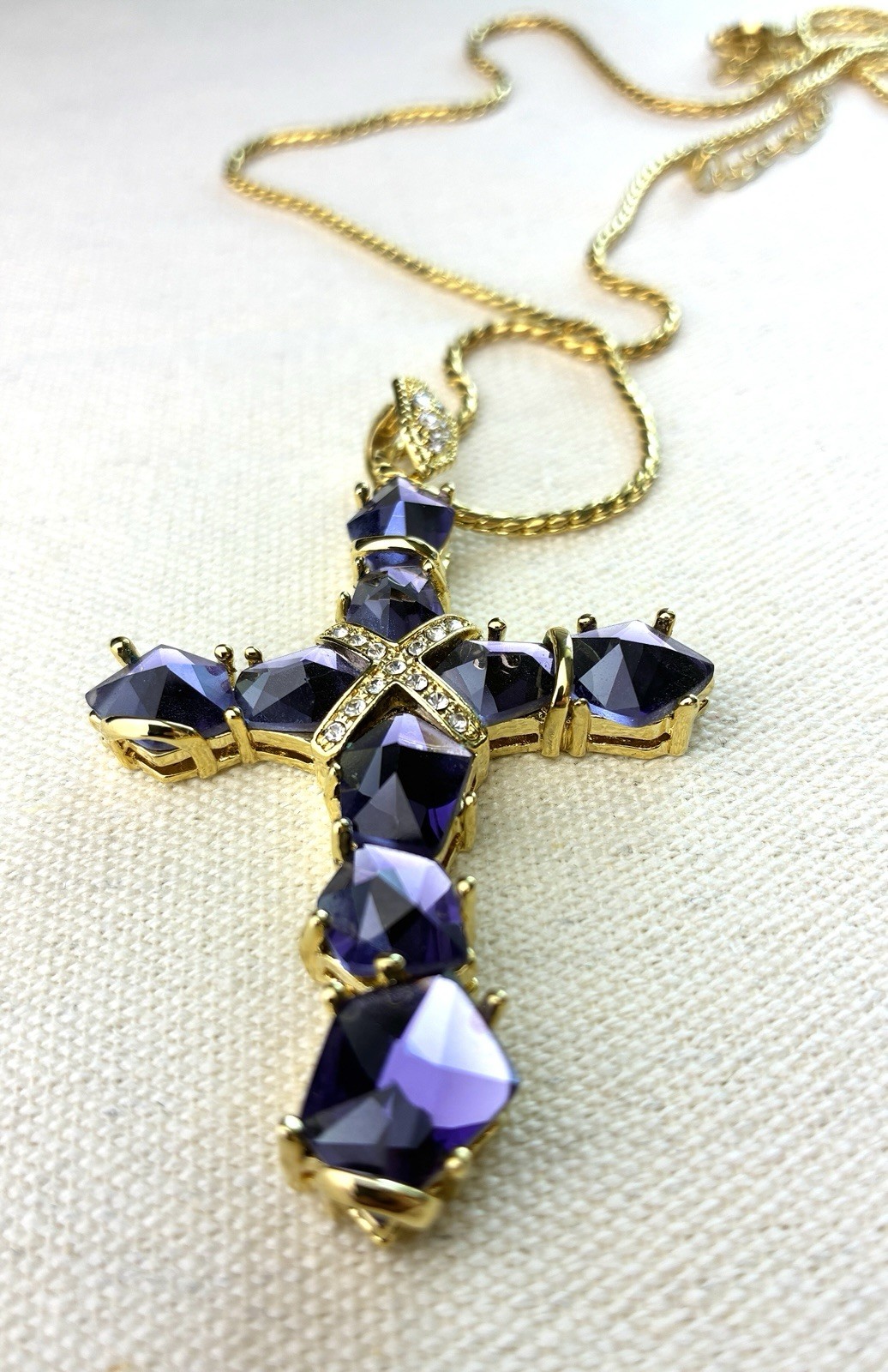 Real Collectibles Adrienne Amethyst Crystal Cross Necklace Gold HSN Box & Card