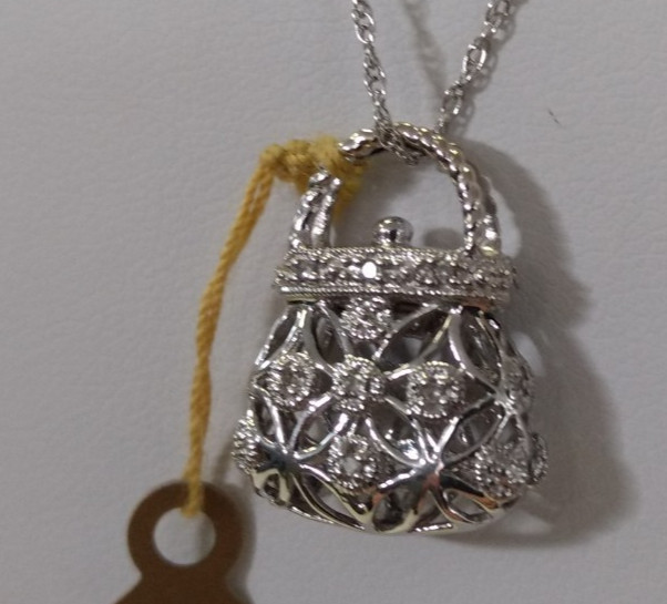 Ladies 10K White Gold Purse Pendant W/ Diamond Accent, 18 inches 3.3 grams total