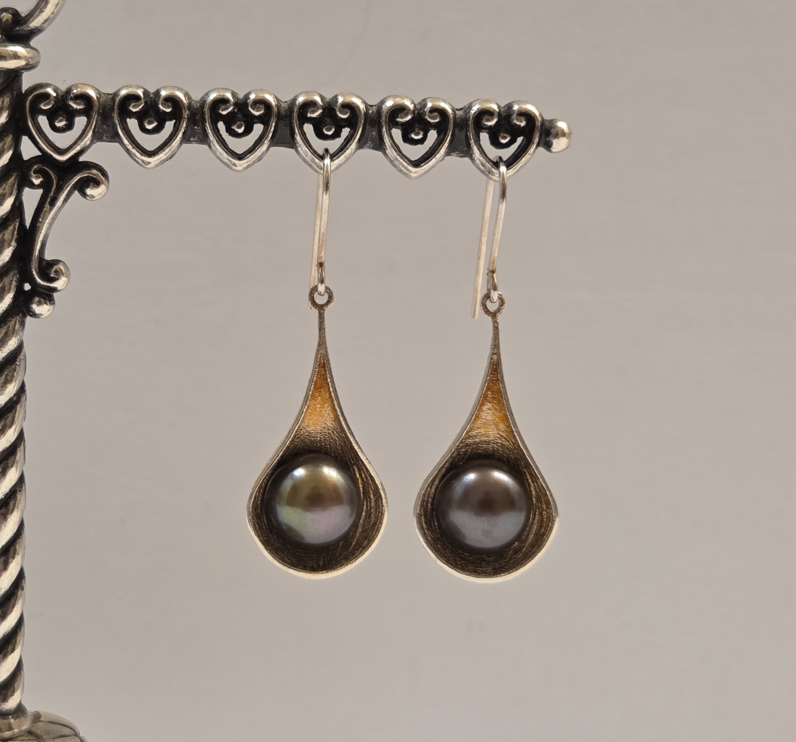Vintage Tahitian Pearl Sterling Silver Pod Drop Italian Royal Chain RCI Earrings