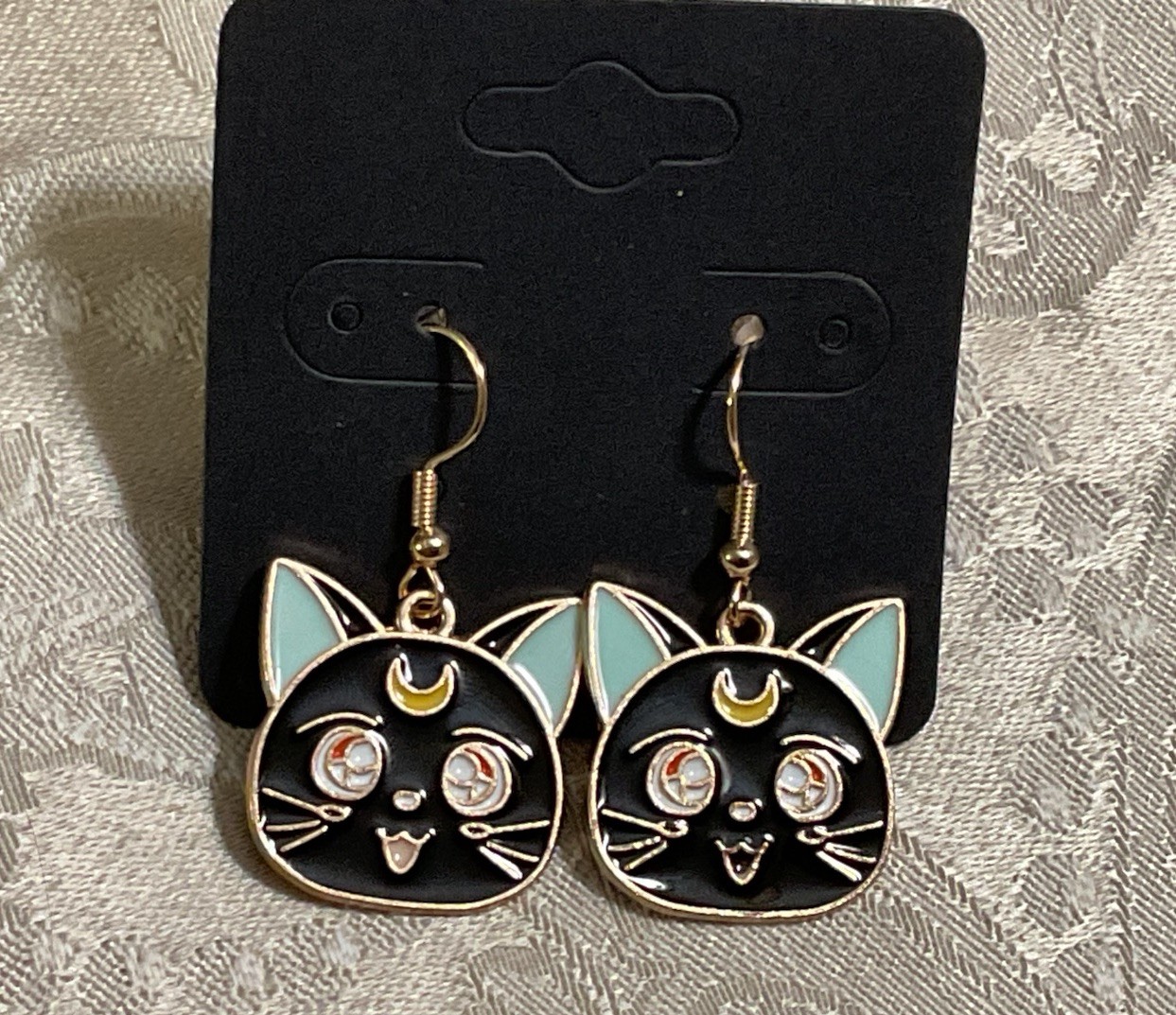 Sailor Moon LUNA Cat Charm Anime Cartoon Gold Dangle Earrings