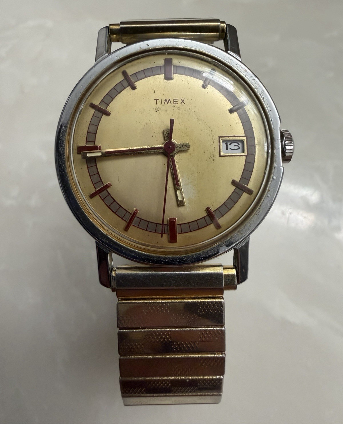 Timex Mercury 70s Watch w/ Red Indices & Day on Gold Exp Bracelet, Runs
