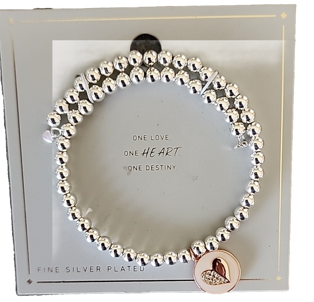 Silver Plated ~ Beaded Stretch Bracelet ~ Rose Gold Charm ~ One Love One Heart..