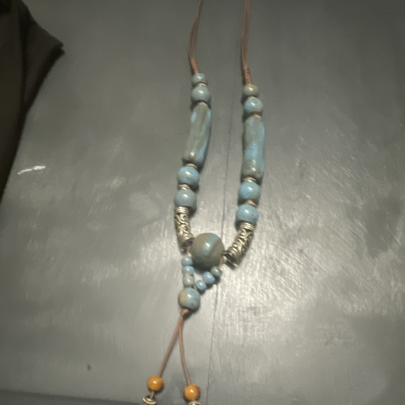 Blue Beaded Cord Necklace w/ Adjustable Closure, Silver Tone Accents & Charm