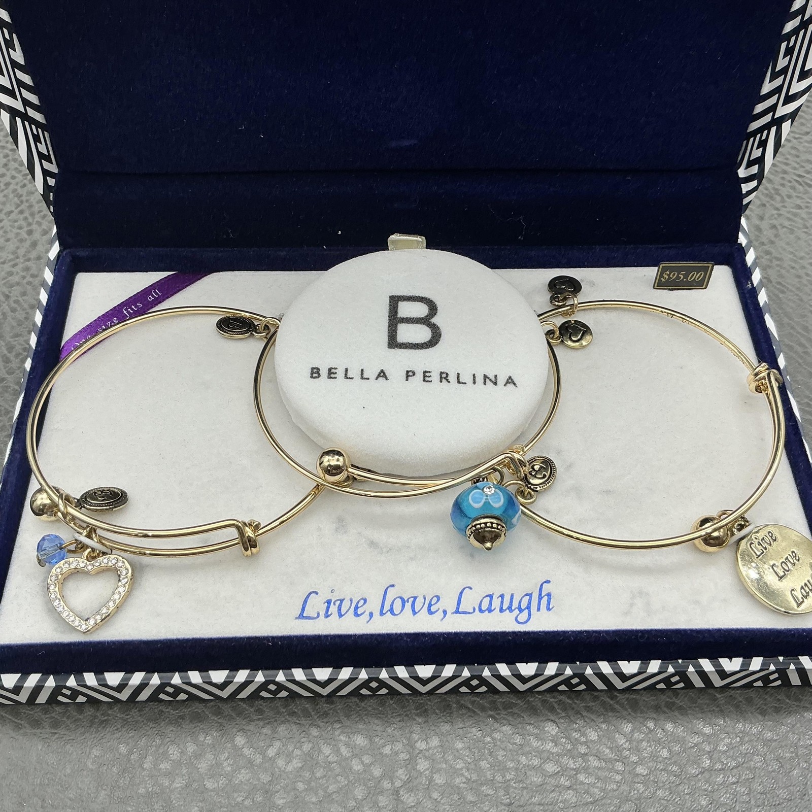 Bella Perlina Bracelet Set Gold Tone Blue Glass Charm Live Love Laugh Womens