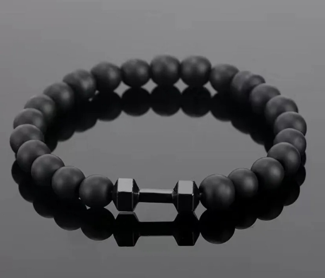 Frosted Black Bead Bracelet With Dumbbell
