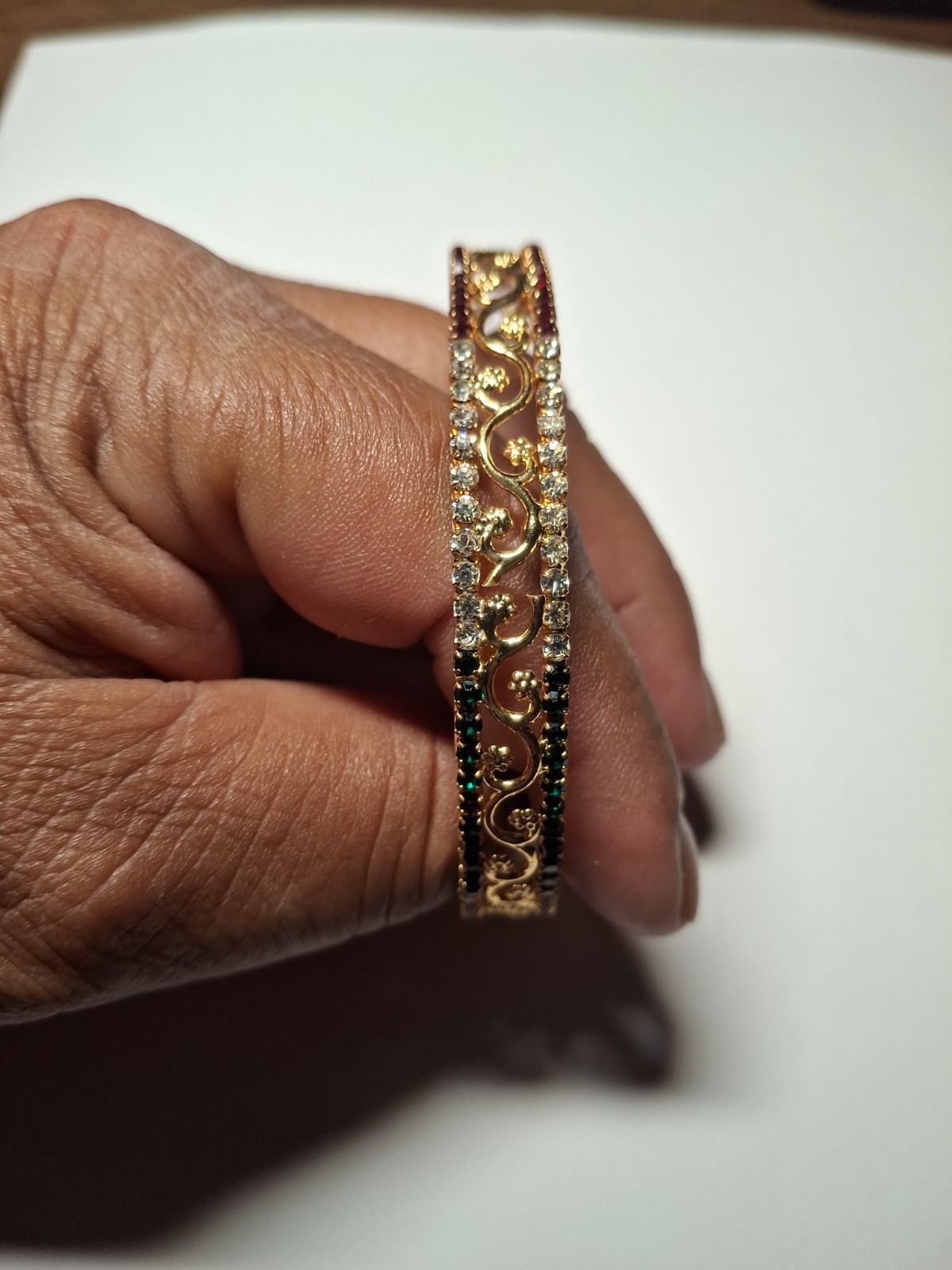 Gold Colored Bangle Bracelet With Red Green And White Gems