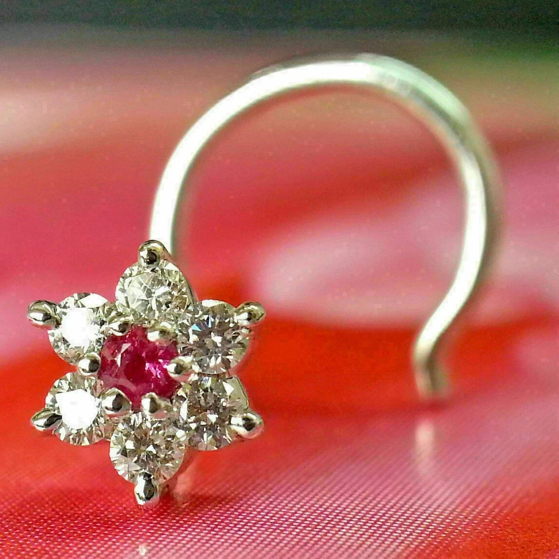 Flower Style Nose Piercing Pin Ruby & Diamond Simulated 14K White Gold Plated