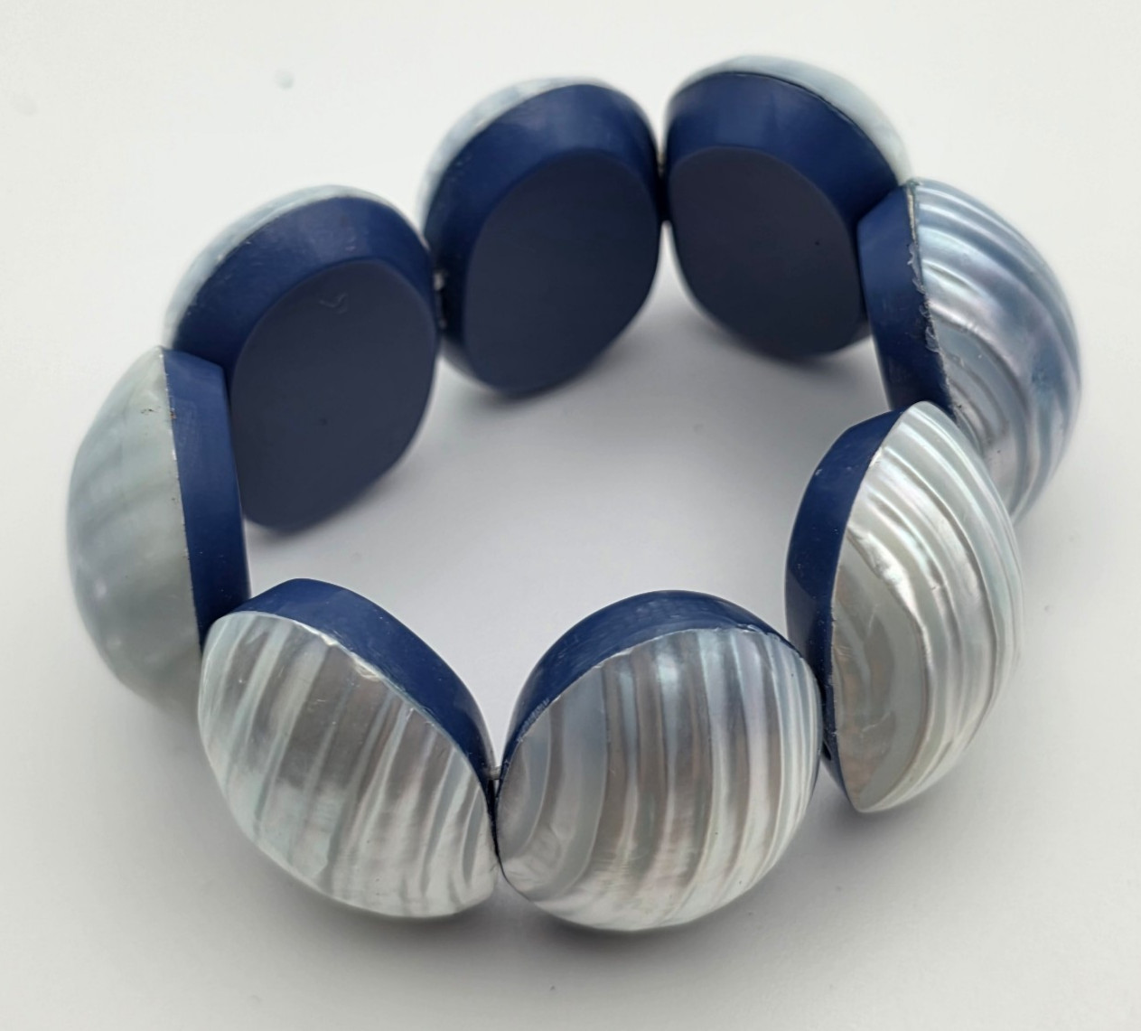 Blue Faux Shell Oval Link Stretch Bracelet 6 in 1.5 in Wide Statement