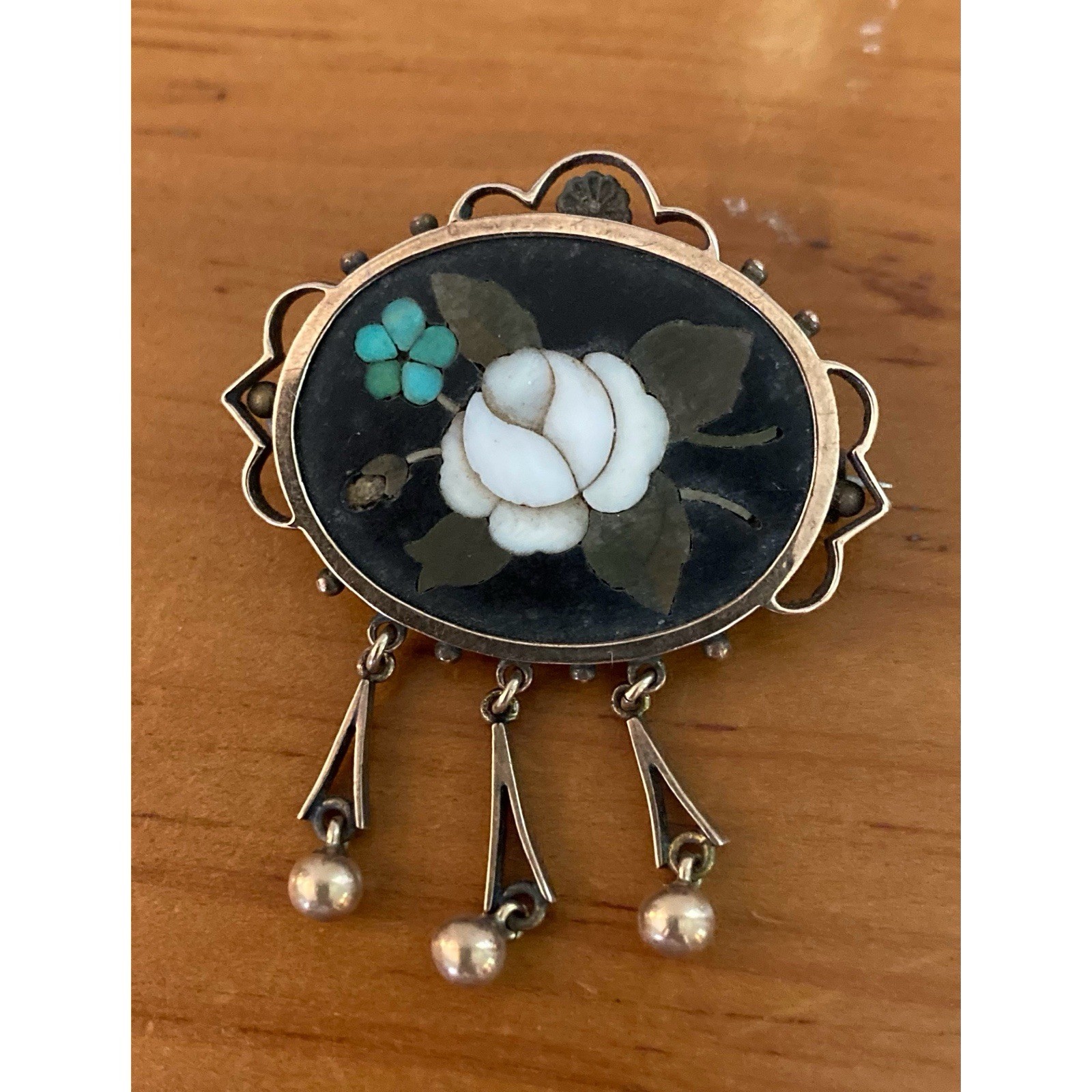 Vintage Micro Mosaic Floral Pietra Dura Gold Filled Brooch Pin w Dangles