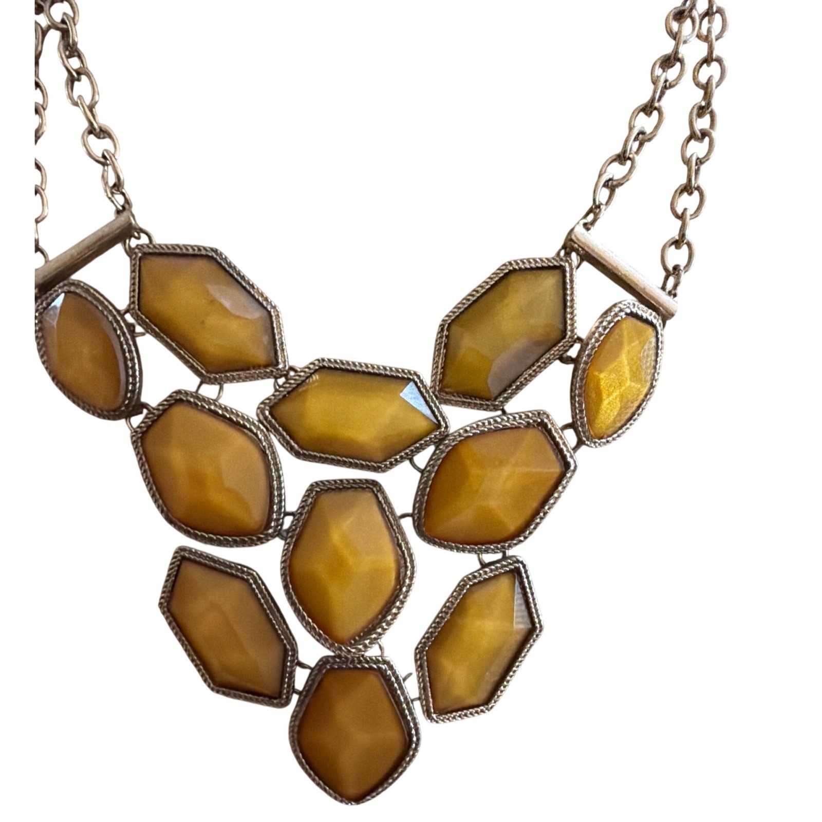 Mustard Yellow Geometric Bib Statement Necklace Gold Tone Chunky Resin Stones