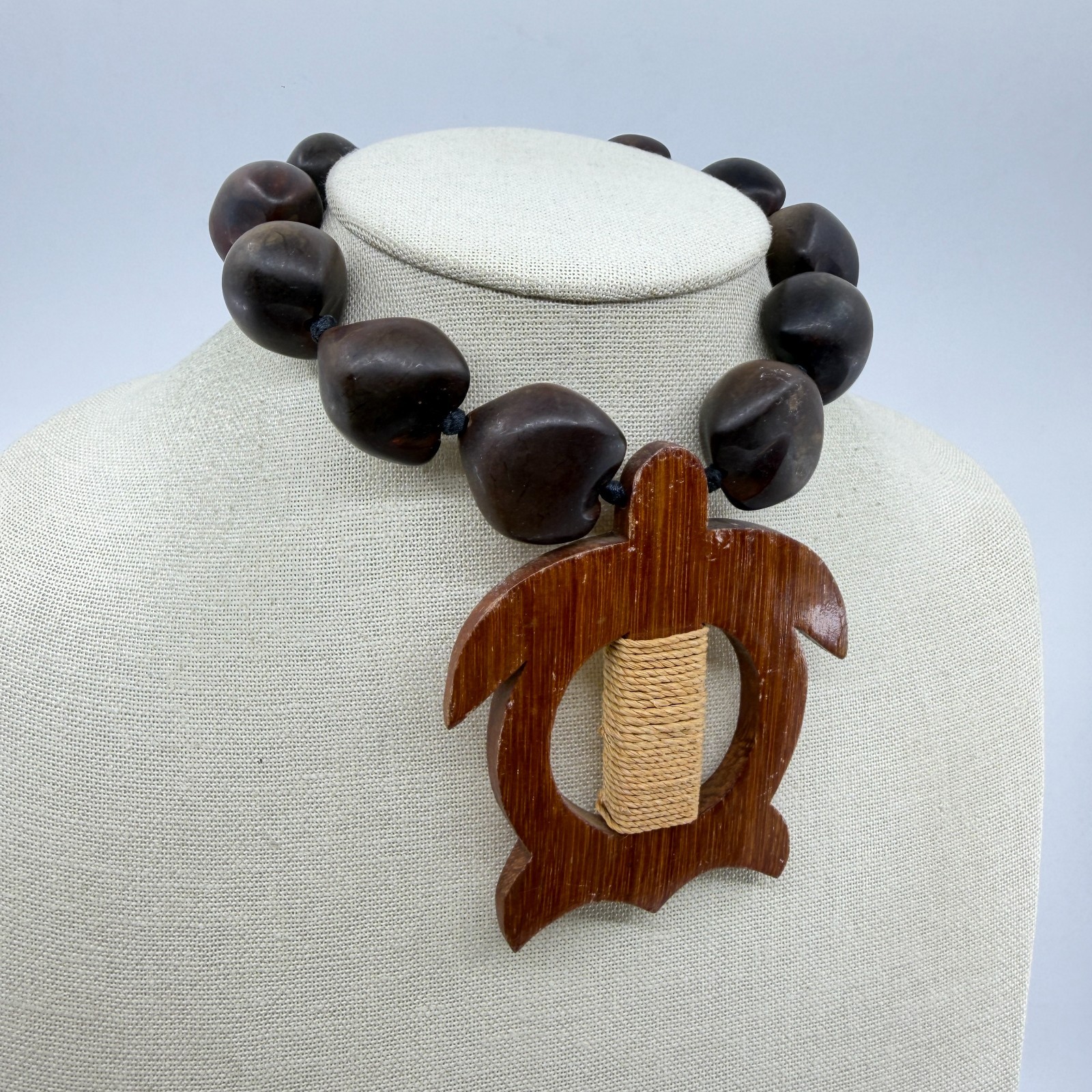 Chunky Brown Nut Bead Necklace Wood Sea Turtle Pendant Boho Tribal Statement