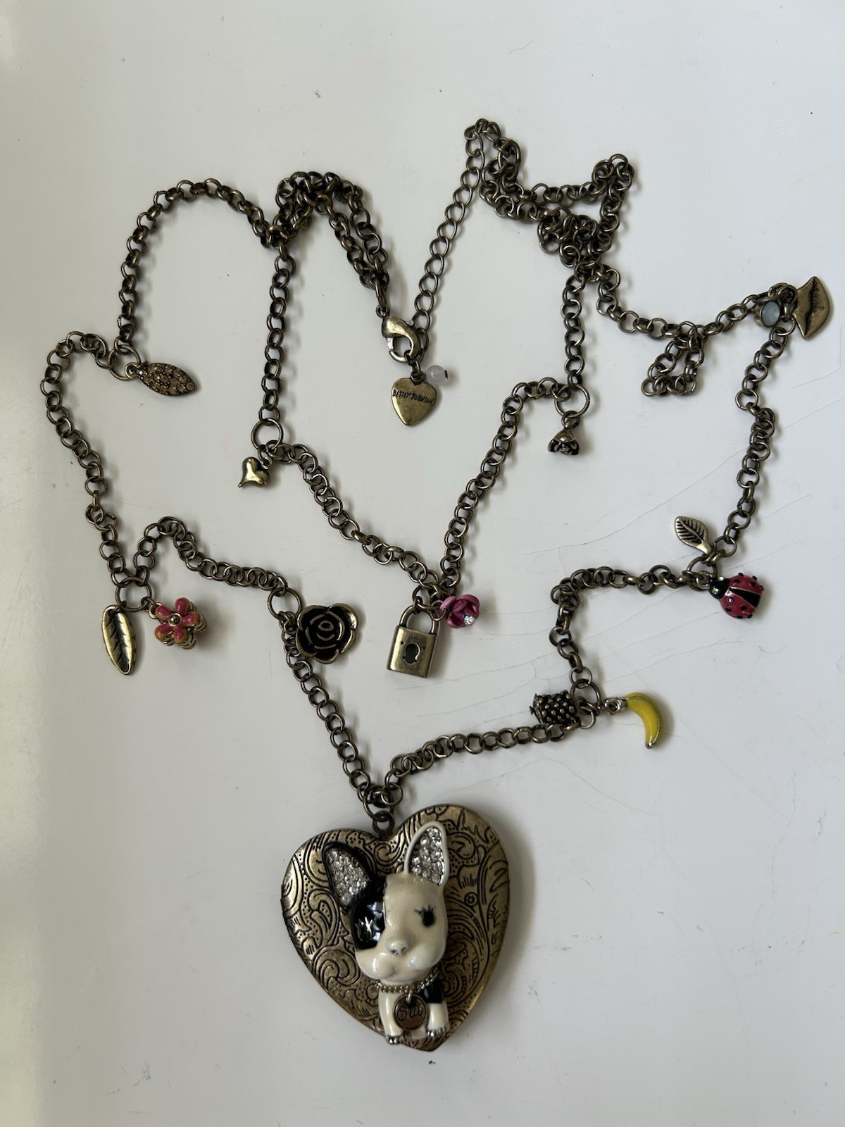 Betsey Johnson Enameled French Bulldog Dog Heart Locket Charm Necklace Signed
