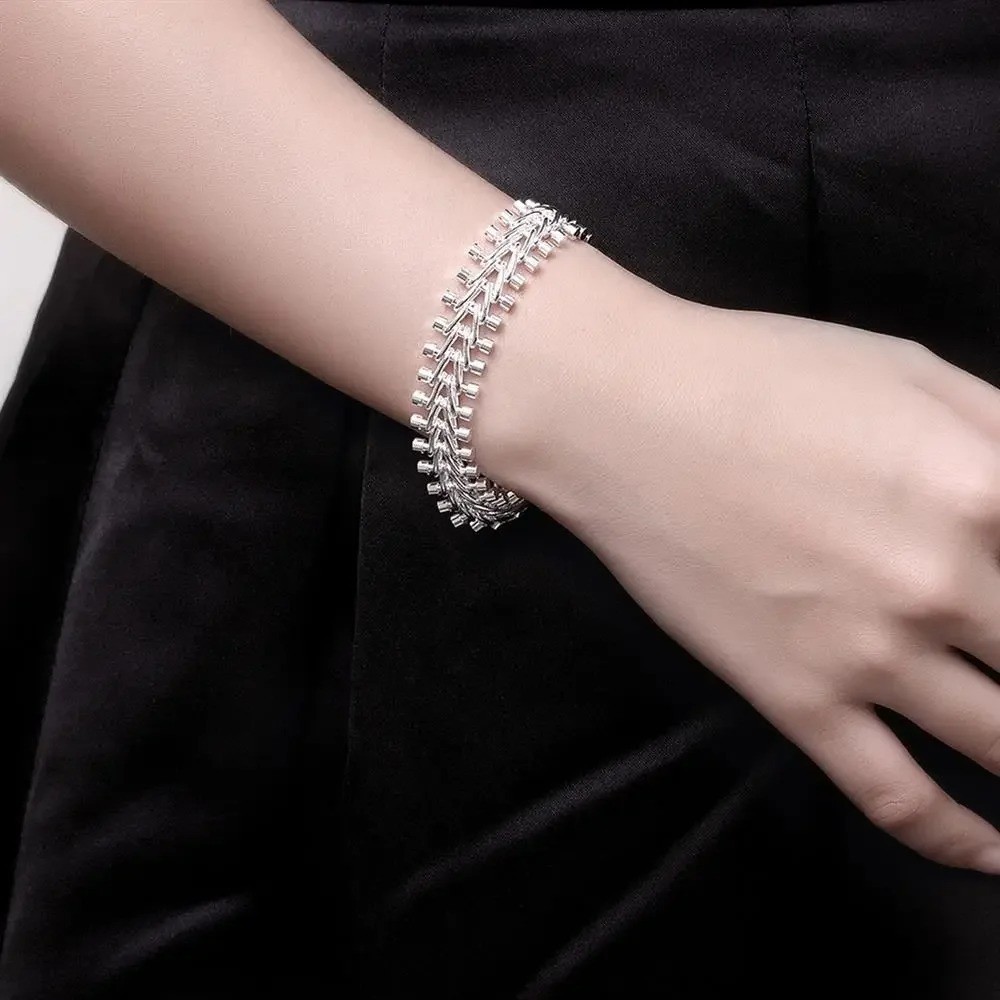925 Sterling Silver Fishbone Chain Bracelet Unisex 20cm Jewelry Gift