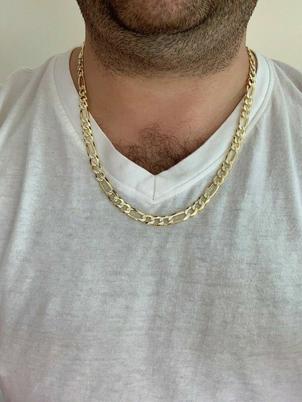 Mens 8mm 14k Gold Plated Solid Sterling Silver Figaro Chain Two Tone Diamond Cut