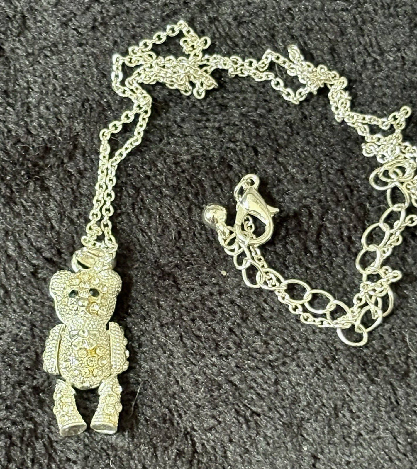 Silver Tone Rhinestone Crystal Teddy Bear Charm Pendant Necklace