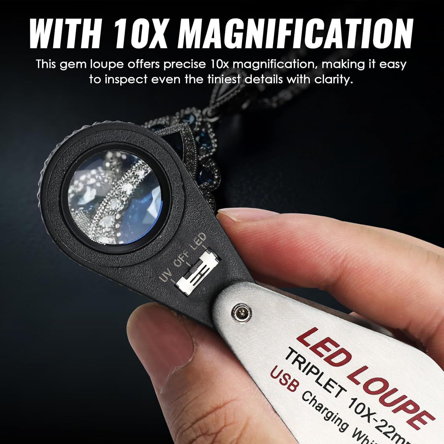 10X Jewelers Loupe with UV & LED Lights, Rechargeable 10X Loupe Magnifier 22Mm O